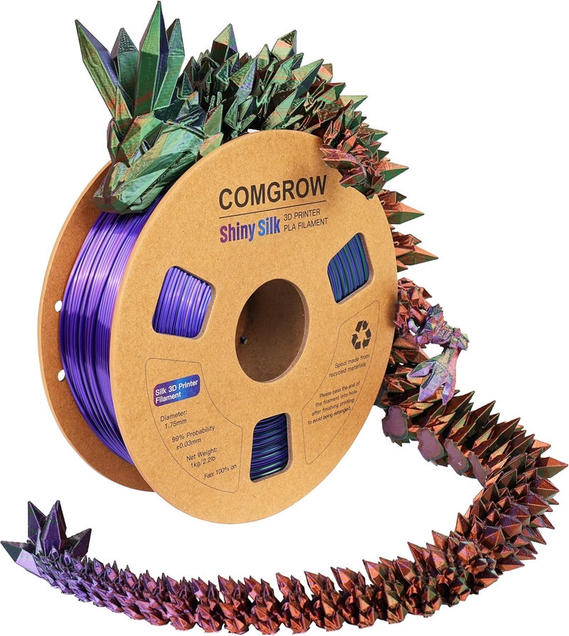 Comgrow Tri-Colors Silk PLA 3D Printer Filament, Rainbow PLA Filament 1.75mm, Dimensional Accuracy +/- 0.02 mm, 1KG Spool, Coextrusion 3D Filament with Shiny Silk Copper-Green-Purple - Image 1